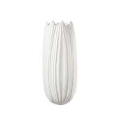 11”H X 5.25”SMALL MATTE WHITE Ceramic Round Vase With Uneven Lip And Embossed Pattern Design Body