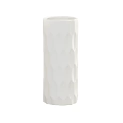 12.25”H X 5” SMALL MATTE WHITE CERAMIC VASE WITH HEXAGON PATTERN