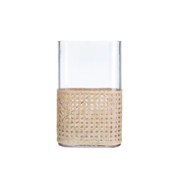 12”H X 7.5” X 3.5” BOHO GLASS WICKER CANE VASE