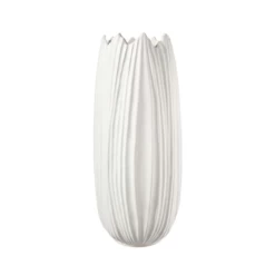 13.75”H X 6” LARGE MATTE WHITE Ceramic Round Vase With Uneven Lip And Embossed Pattern Design Body