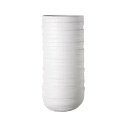 16.5”H X 7.5” LARGE MATTE WHITE CERAMIC CYLINDER EMBOSSED BANDED