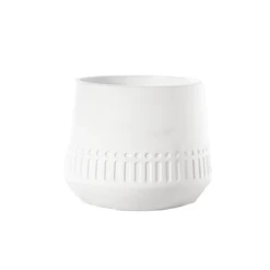 5.25”H X 6.25” WHITE CERAMIC Round Pot With Debossed Banded Tribal And Tapered Bottom Design