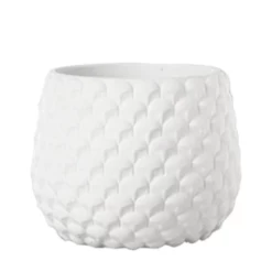 5.25”H X 6.25” WHITE SMALL Cement Round Pot With Embossed Geometric Pattern Design Body
