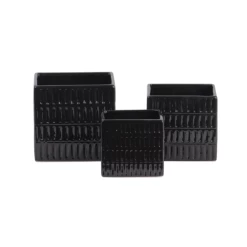5.75”H X 6” X 6” LARGE BLACK Ceramic Square Pot With 4 Tier Embossed Oblong Lattice Design Body And Tapered Bottom
