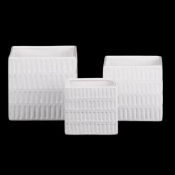 5.75”H X 6” X 6” LARGE WHITE Ceramic Square Pot With 4 Tier Embossed Oblong Lattice Design Body And Tapered Bottom