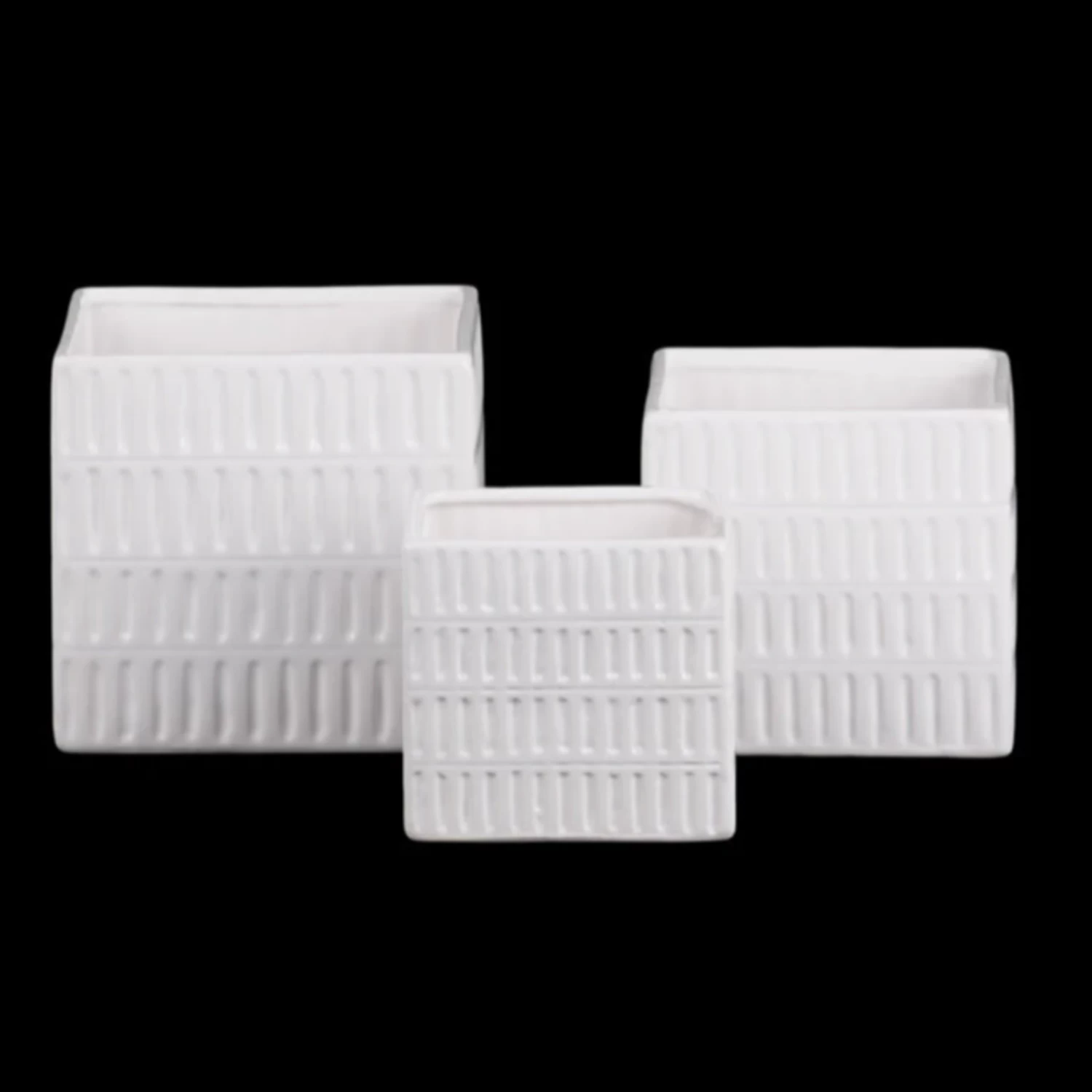 5.75”H X 6” X 6” LARGE WHITE Ceramic Square Pot With 4 Tier Embossed Oblong Lattice Design Body And Tapered Bottom 1 5.75”H X 6” X 6” LARGE WHITE Ceramic Square Pot With 4 Tier Embossed Oblong Lattice Design Body And Tapered Bottom