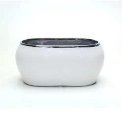 5”H X 9.5”L X 5”W LOW OVAL CERAMIC VASE WHITE WITH SILVER