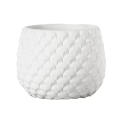 6.25”H X 8” WHITE LARGE Cement Round Pot With Embossed Geometric Pattern Design Body