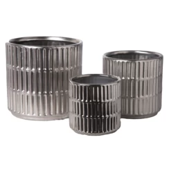 6.75”H X 7” LARGE Matte SILVER Ceramic Round Pot With Wide Mouth And Debossed Barrette Design Body