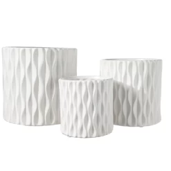 6.75”H X 7” LARGE WHITE CERAMIC CYLINDER WITH WAVE DESIGN PATTERN