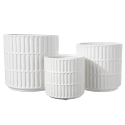 6.75”H X 7” LARGE WHITE Matte Ceramic Round Pot With Wide Mouth And Debossed Barrette Design Body