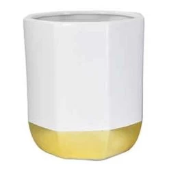 6.75”H X 8” WHITE CERAMIC HEXAGON CYLINDER WITH GOLD BOTTOM