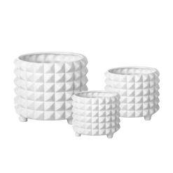 6”H X 7.5” SMALL MATTE WHITE CERAMIC FOOTED GEOMETRIC PYRAMID