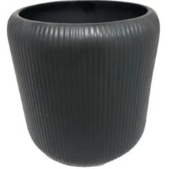 7” X 7” RIBBED BLACK CERAMIC CYLINDER POT VASE