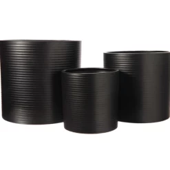 7.5”H X 8” LARGE BLACK CERAMIC CYLINDER RIBBED PATTERN DESIGN
