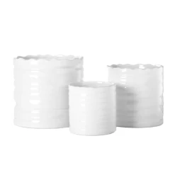 7.5”H X 8” LARGE GLOSSY WHITE CERAMIC CYLINDER IRREGULAR LIP AND EMBOSSED RIBBED LAYERED