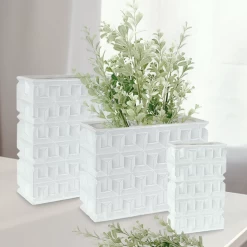 8.75”H X 11.75” X 4.75” WHITE EMBOSSED SQUARE CERAMIC VASE -Home Decor Store 875h x 1175 x 475 white embossed square ceramic va 3