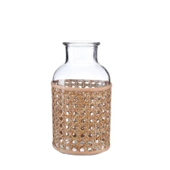 8”H X 4.25” BOHO GLASS WICKER CANE BUD VASE