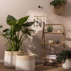 11.5”H X 13.5” WHITE/TAN CERAMIC AVELINE POT -Home Decor Store accent decor 115h x 135 white tan ceramic aveline 2