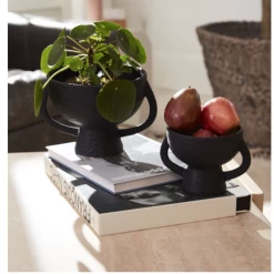 6.75”H X 8.25” X 9.25” BLACK CERAMIC MITLA FOOTED COMPOTE -Home Decor Store accent decor 675h x 825 x 925 black ceramic mitla 2