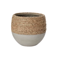 9.25”h X 9” CONCRETE REED POT WITH NATURAL ROPE
