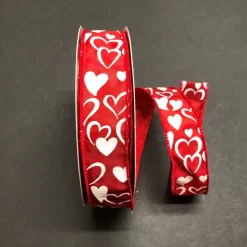 RED SATIN, WHT GLITTER HEARTS 1.5' X 50 YDS